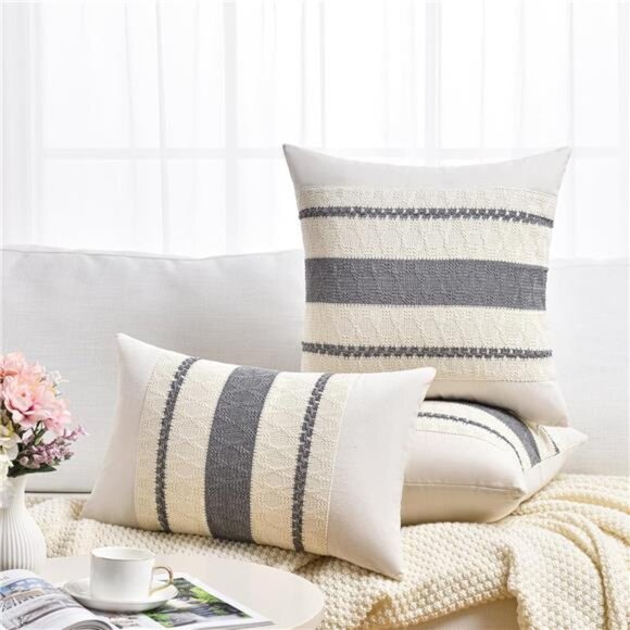 Fancy Homi Set of 2 Neutral Grey Farmhouse Decorative Throw Pillow Covers 18x18 - Picture 6 of 8